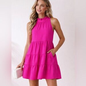 TCEC Hot Pink Tiered Mini Dress Ruffle Neck Sleeveless Barbiecore L Pockets